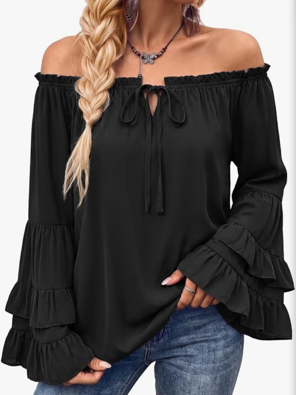 Off-Shoulder Ruffle Sleeve Top - Black